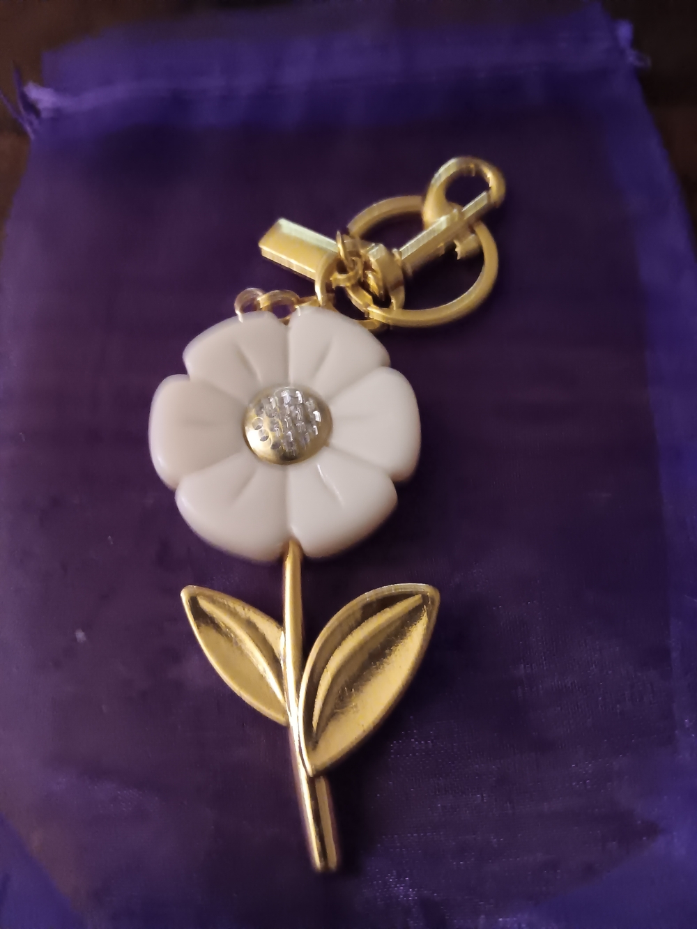 White Flower Keychain Charm with Gold Stem